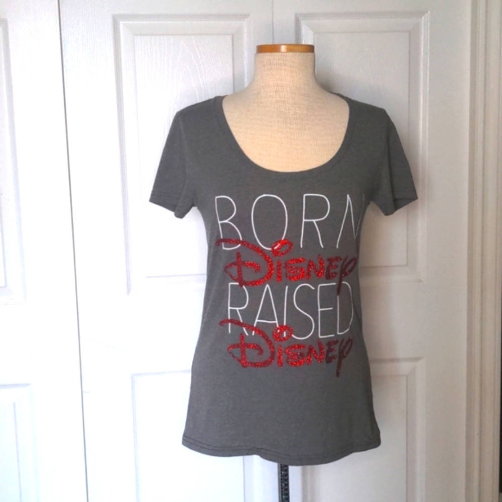 Born Disney Raised Disney Grey T Shirt with Red Sparkly Text